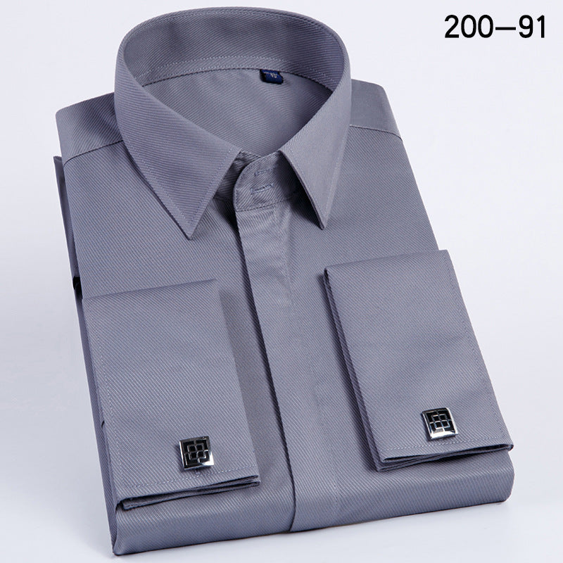 Men's French Cufflinks Shirt Business Formal Dress Sleeve Studs Solid Color Non-ironing Double Stacked Sleeve Hidden Button Shirt Slim-fit Korean Style