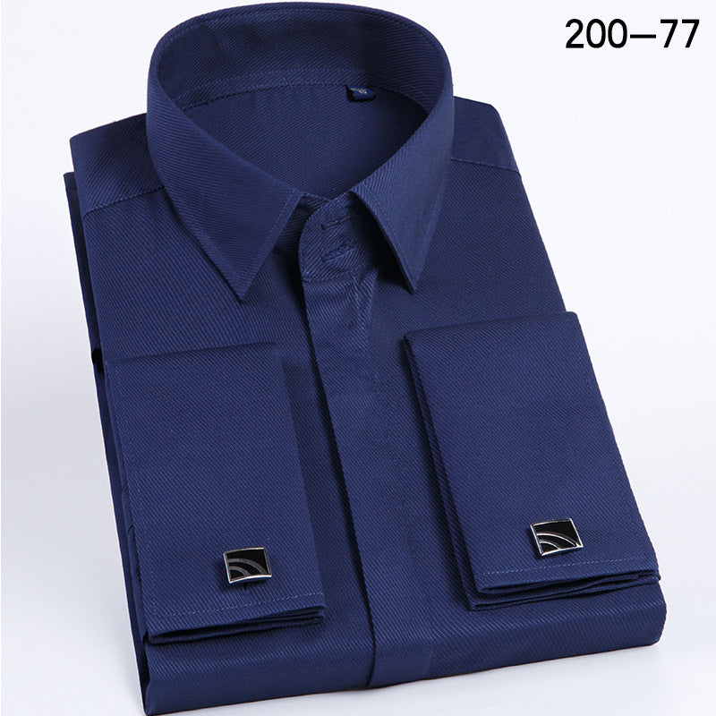Men's French Cufflinks Shirt Business Formal Dress Sleeve Studs Solid Color Non-ironing Double Stacked Sleeve Hidden Button Shirt Slim-fit Korean Style