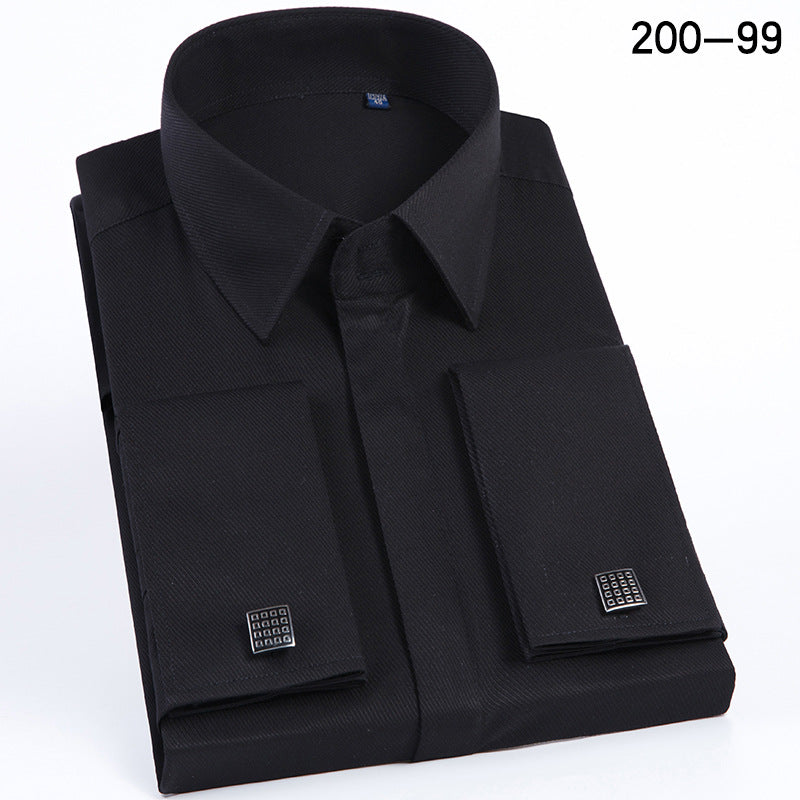 Men's French Cufflinks Shirt Business Formal Dress Sleeve Studs Solid Color Non-ironing Double Stacked Sleeve Hidden Button Shirt Slim-fit Korean Style
