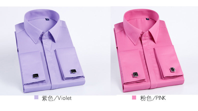 Men's French Cufflinks Shirt Business Formal Dress Sleeve Studs Solid Color Non-ironing Double Stacked Sleeve Hidden Button Shirt Slim-fit Korean Style