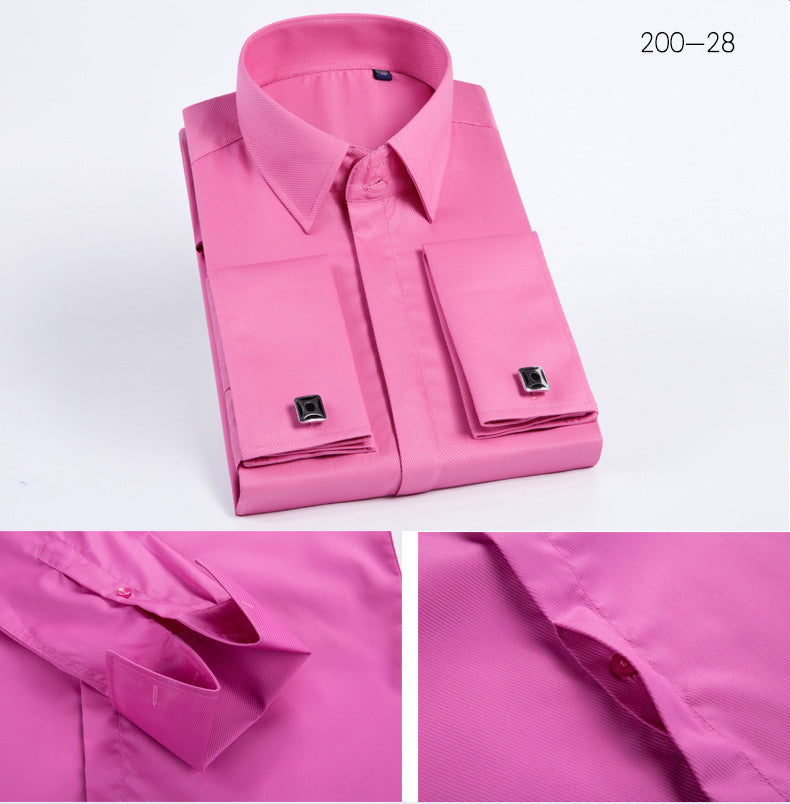 Men's French Cufflinks Shirt Business Formal Dress Sleeve Studs Solid Color Non-ironing Double Stacked Sleeve Hidden Button Shirt Slim-fit Korean Style