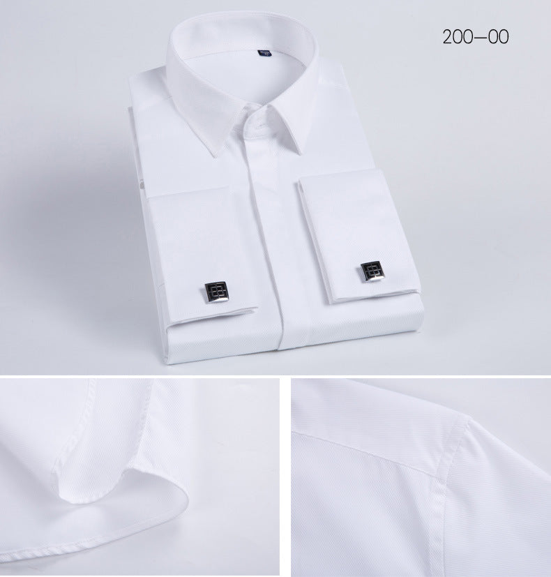 Men's French Cufflinks Shirt Business Formal Dress Sleeve Studs Solid Color Non-ironing Double Stacked Sleeve Hidden Button Shirt Slim-fit Korean Style