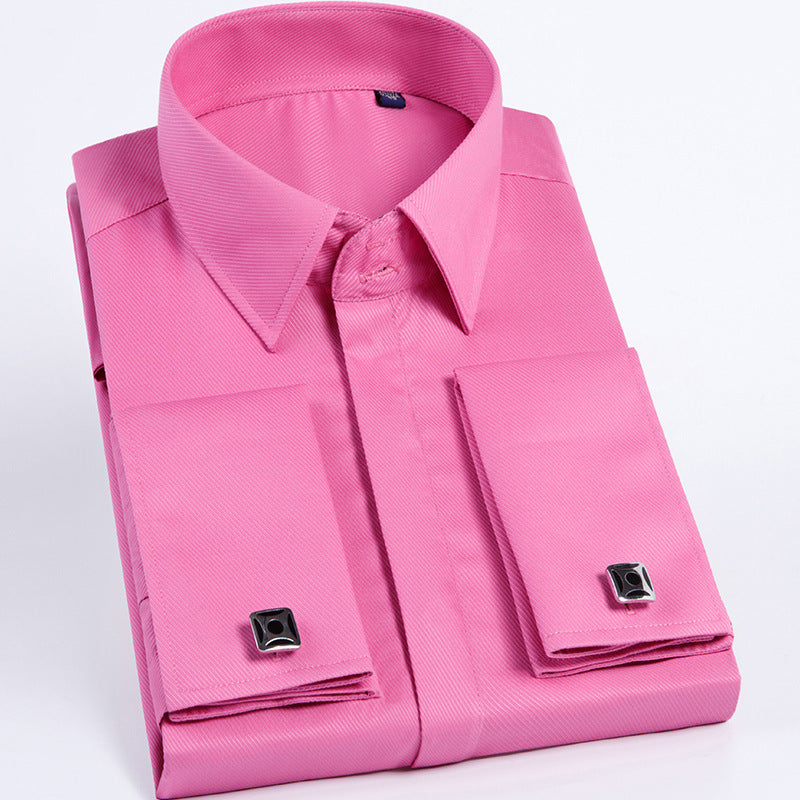 Men's French Cufflinks Shirt Business Formal Dress Sleeve Studs Solid Color Non-ironing Double Stacked Sleeve Hidden Button Shirt Slim-fit Korean Style