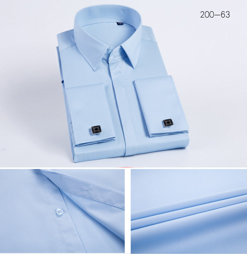 Men's French Cufflinks Shirt Business Formal Dress Sleeve Studs Solid Color Non-ironing Double Stacked Sleeve Hidden Button Shirt Slim-fit Korean Style