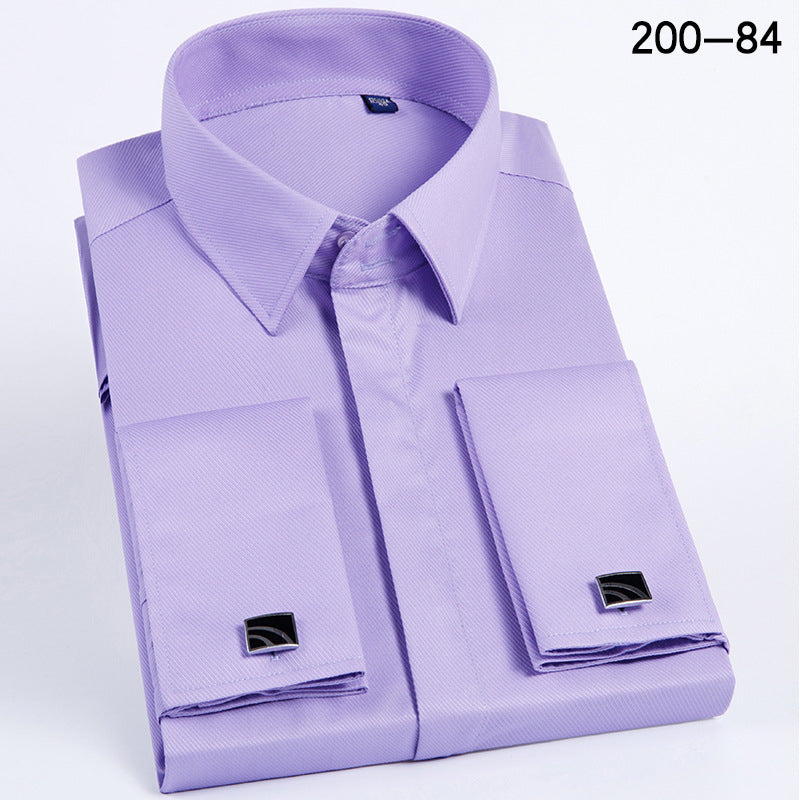 Men's French Cufflinks Shirt Business Formal Dress Sleeve Studs Solid Color Non-ironing Double Stacked Sleeve Hidden Button Shirt Slim-fit Korean Style