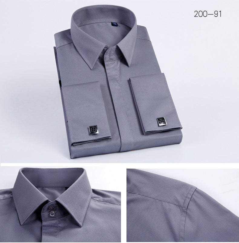 Men's French Cufflinks Shirt Business Formal Dress Sleeve Studs Solid Color Non-ironing Double Stacked Sleeve Hidden Button Shirt Slim-fit Korean Style