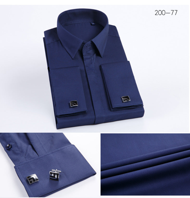 Men's French Cufflinks Shirt Business Formal Dress Sleeve Studs Solid Color Non-ironing Double Stacked Sleeve Hidden Button Shirt Slim-fit Korean Style