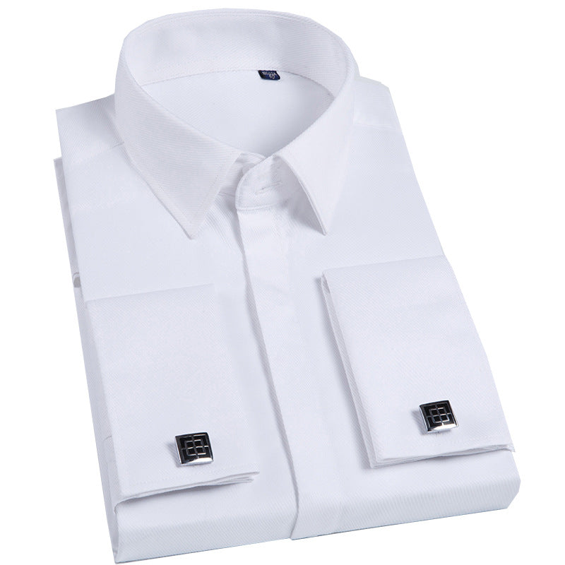 Men's French Cufflinks Shirt Business Formal Dress Sleeve Studs Solid Color Non-ironing Double Stacked Sleeve Hidden Button Shirt Slim-fit Korean Style