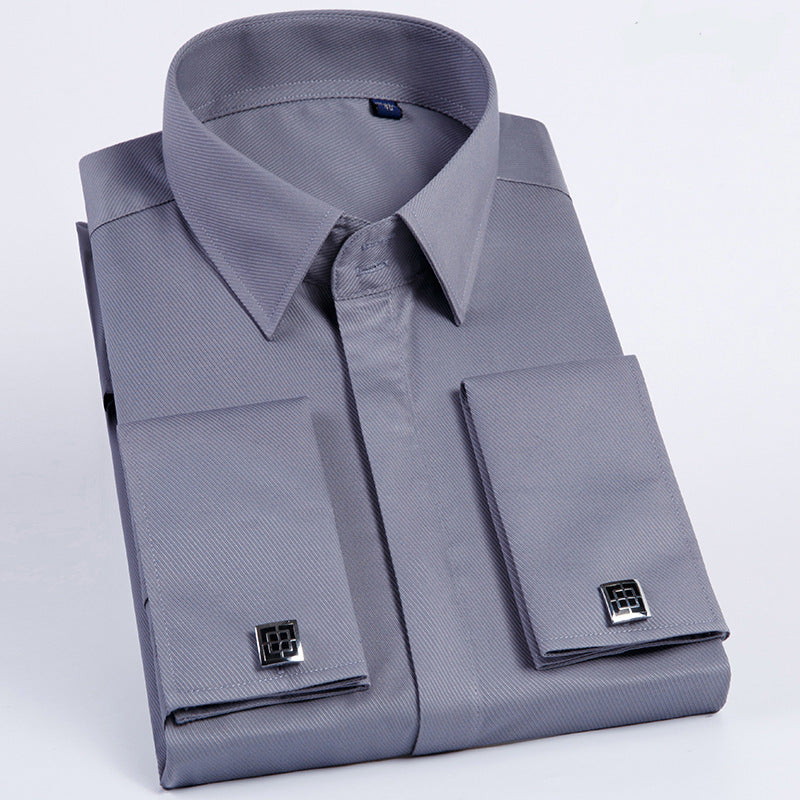 Men's French Cufflinks Shirt Business Formal Dress Sleeve Studs Solid Color Non-ironing Double Stacked Sleeve Hidden Button Shirt Slim-fit Korean Style