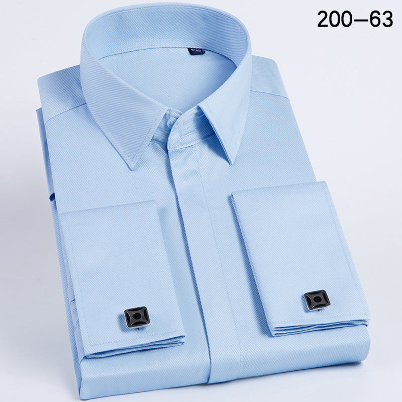 Men's French Cufflinks Shirt Business Formal Dress Sleeve Studs Solid Color Non-ironing Double Stacked Sleeve Hidden Button Shirt Slim-fit Korean Style