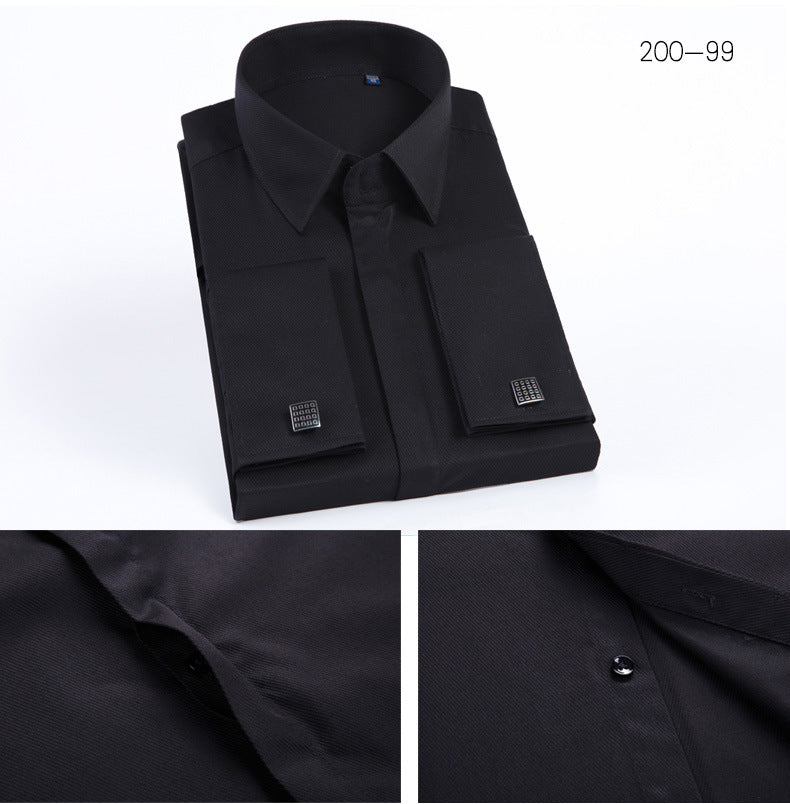 Men's French Cufflinks Shirt Business Formal Dress Sleeve Studs Solid Color Non-ironing Double Stacked Sleeve Hidden Button Shirt Slim-fit Korean Style