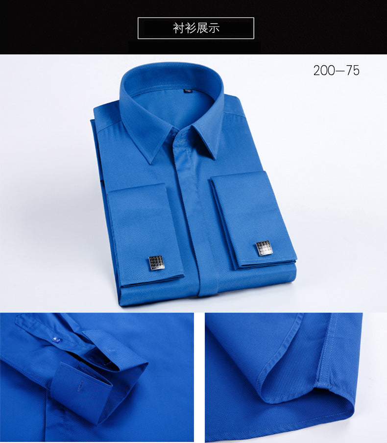 Men's French Cufflinks Shirt Business Formal Dress Sleeve Studs Solid Color Non-ironing Double Stacked Sleeve Hidden Button Shirt Slim-fit Korean Style