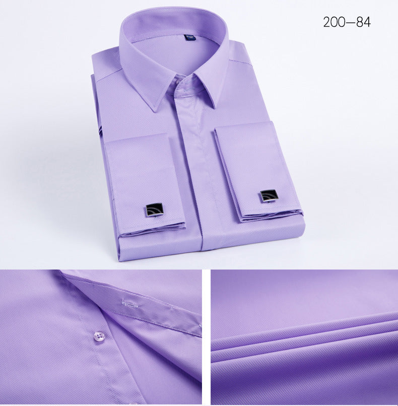 Men's French Cufflinks Shirt Business Formal Dress Sleeve Studs Solid Color Non-ironing Double Stacked Sleeve Hidden Button Shirt Slim-fit Korean Style
