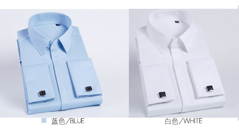 Men's French Cufflinks Shirt Business Formal Dress Sleeve Studs Solid Color Non-ironing Double Stacked Sleeve Hidden Button Shirt Slim-fit Korean Style