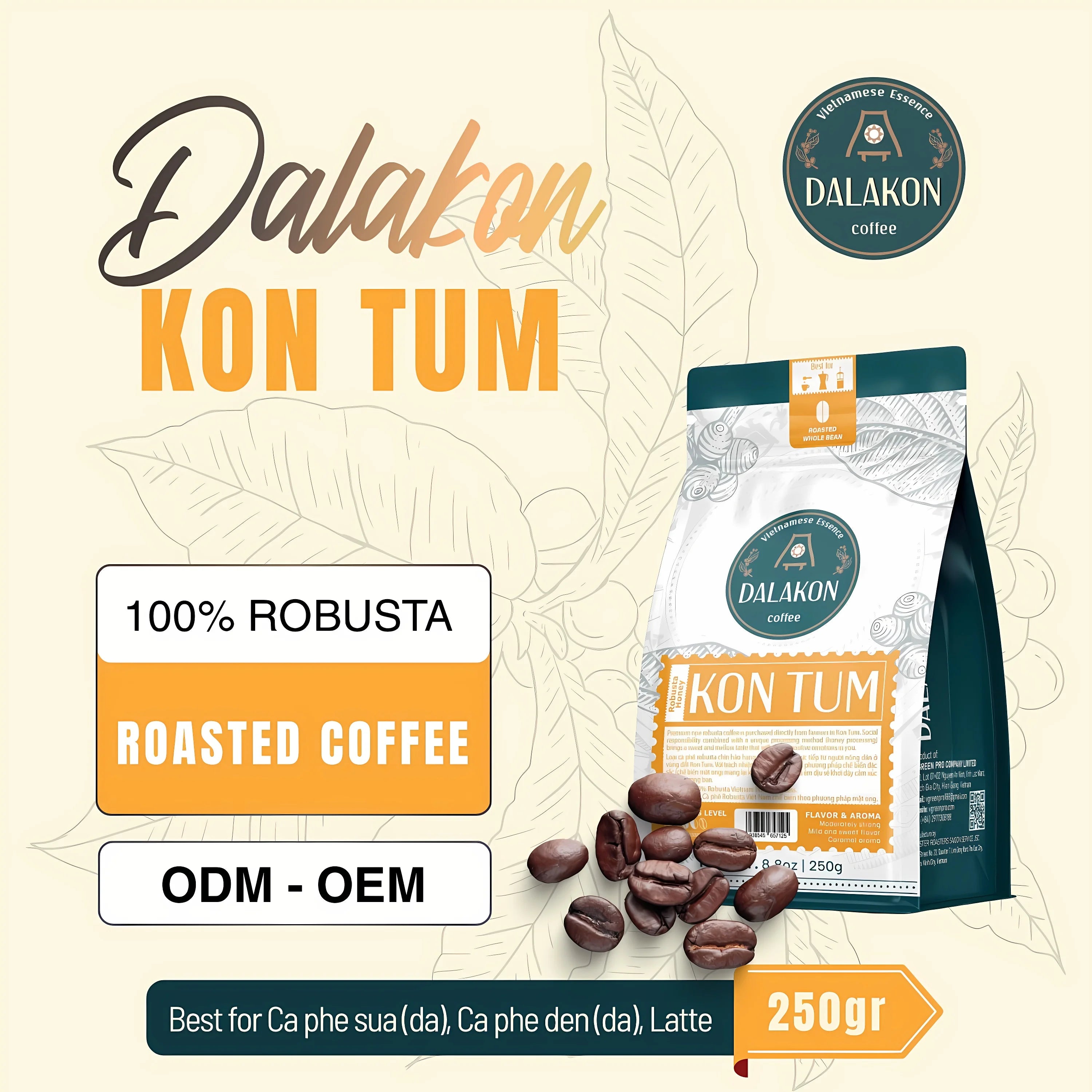 Best Price DALAKON 250g Whole Honey Espresso Coffee Orange Bag Vietnam Robusta Light Roast Caramel Sweet Taste Premium