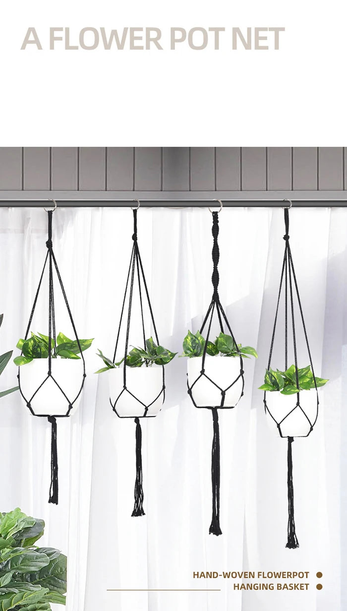 Hot Sale Boho Black Macrame Plant Hanger Hanging Basket with Wood Beads and Tassels for Garden Home Decor