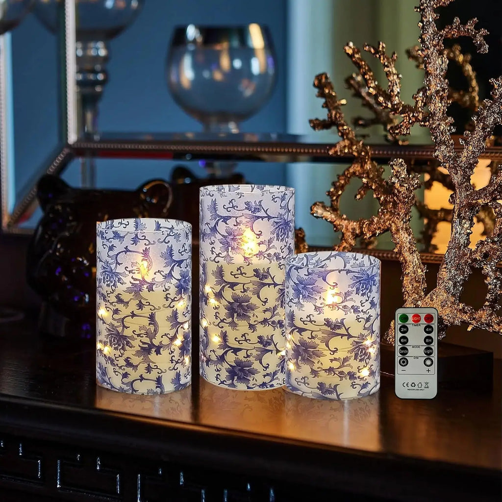 Home Decor Set Blue White Floral Flickering Flameless LED Candles Recessed String Light 3D Wick Acrylic LED Candles