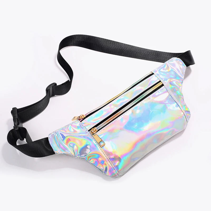 Lightweight PU Laser Holographic Travel Women's Waterproof Fanny Pack Outdoor Zipper Waist Bag with Custom Logo