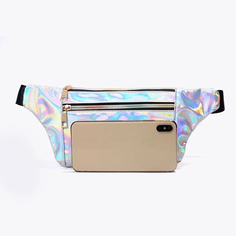 Lightweight PU Laser Holographic Travel Women's Waterproof Fanny Pack Outdoor Zipper Waist Bag with Custom Logo