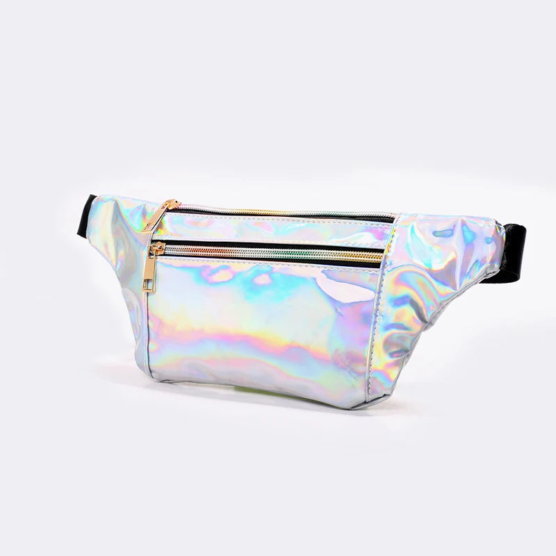 Lightweight PU Laser Holographic Travel Women's Waterproof Fanny Pack Outdoor Zipper Waist Bag with Custom Logo