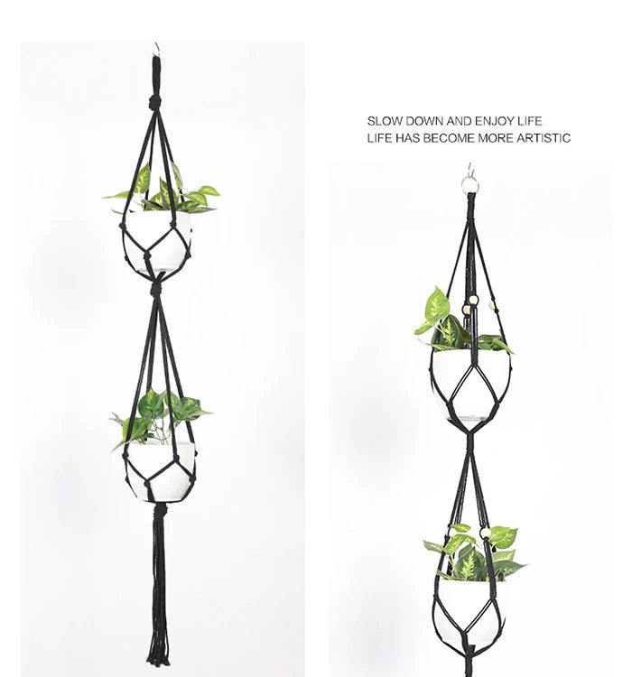 Hot Sale Boho Black Macrame Plant Hanger Hanging Basket with Wood Beads and Tassels for Garden Home Decor