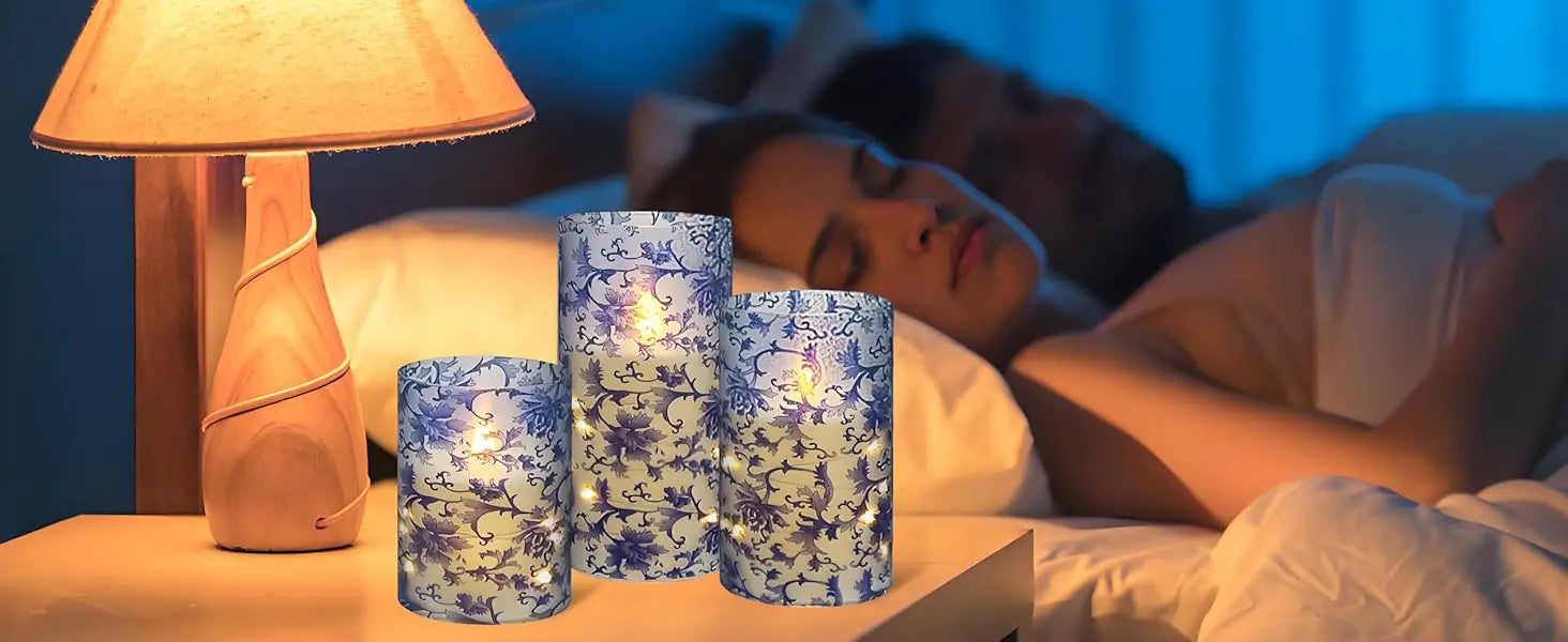 Home Decor Set Blue White Floral Flickering Flameless LED Candles Recessed String Light 3D Wick Acrylic LED Candles