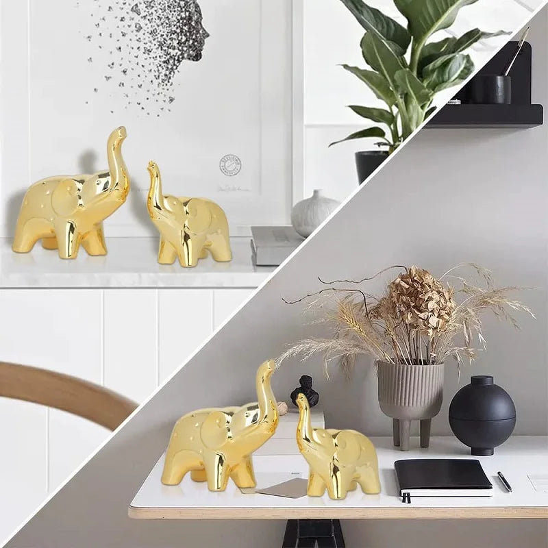 Ceramic Crafts Modern Style Figurines for Home Decor a Pair of Plated Golden Elephant Statue