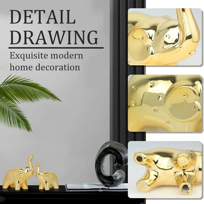 Ceramic Crafts Modern Style Figurines for Home Decor a Pair of Plated Golden Elephant Statue