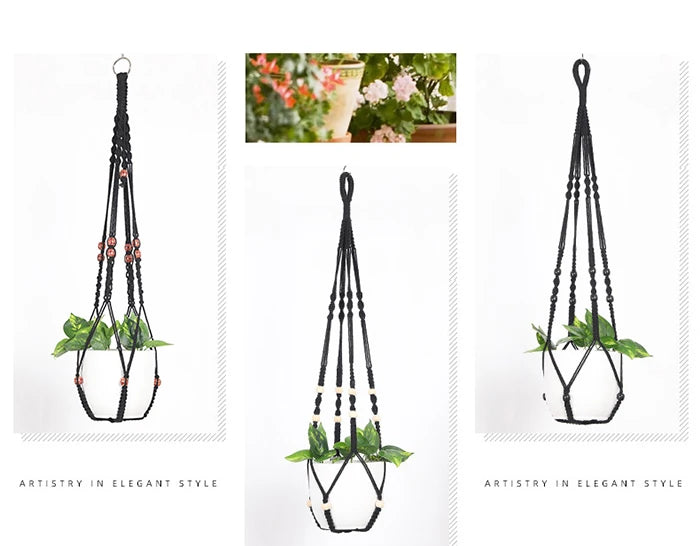 Hot Sale Boho Black Macrame Plant Hanger Hanging Basket with Wood Beads and Tassels for Garden Home Decor