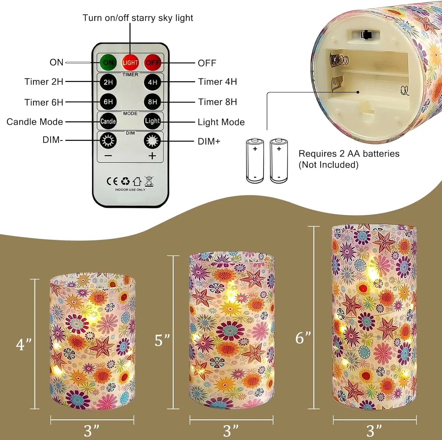 Bohemia Home Decor Set 3 Sunflower-Themed LED Pillar Candles Remote Timer Flameless Flickering 3D Wick Acrylic Recessed