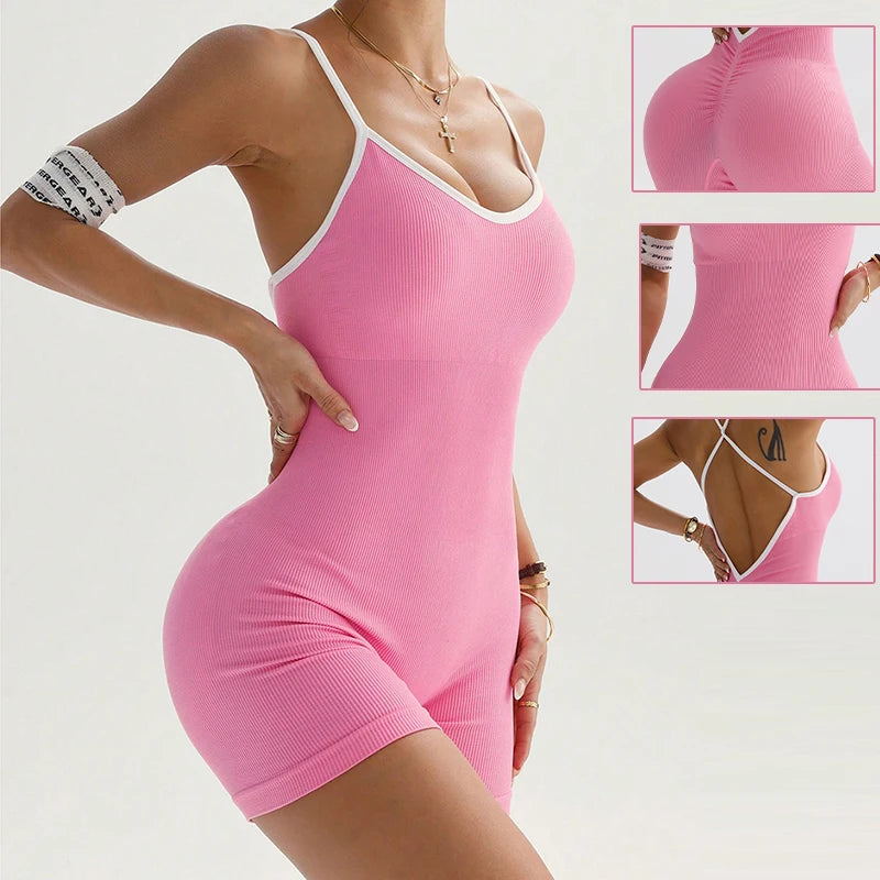 Factory Wholesale Quick-Drying One-Piece Sport Yoga Bodysuit Ribbed Fitness Jumpsuit with No Sleeves Tight Fit