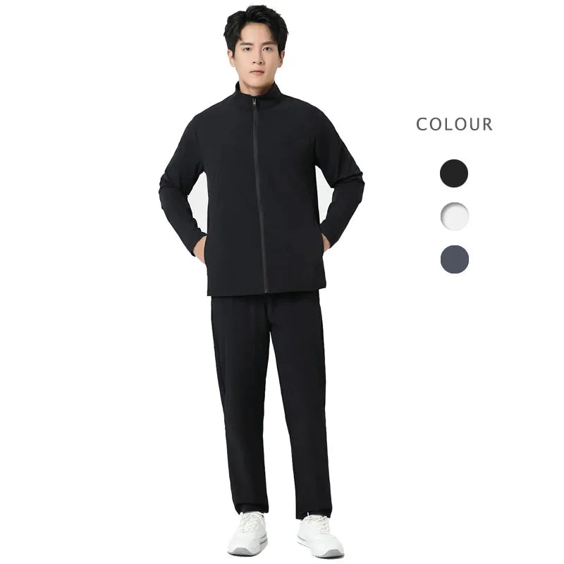Men's Nylon Sports Training Suit Quick-Dry Long Pants and Long-Sleeve Stand Collar for Spring Running Fitness