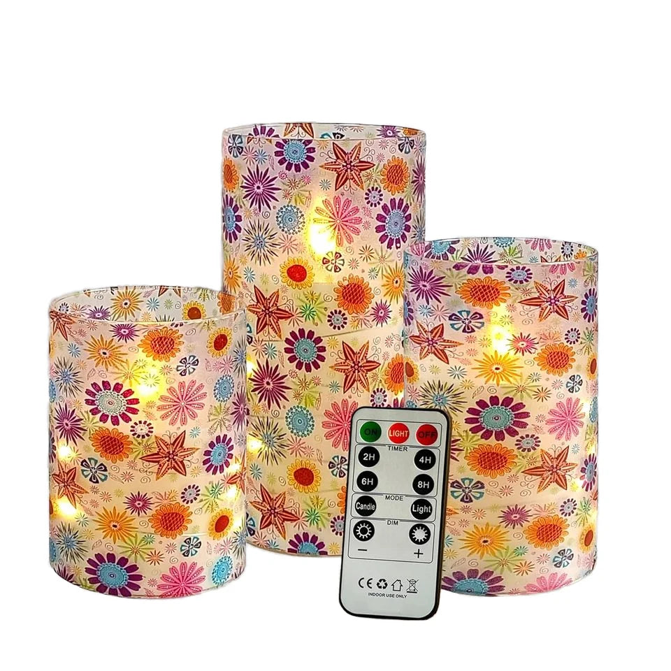 Bohemia Home Decor Set 3 Sunflower-Themed LED Pillar Candles Remote Timer Flameless Flickering 3D Wick Acrylic Recessed