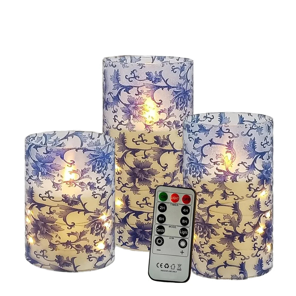 Home Decor Set Blue White Floral Flickering Flameless LED Candles Recessed String Light 3D Wick Acrylic LED Candles