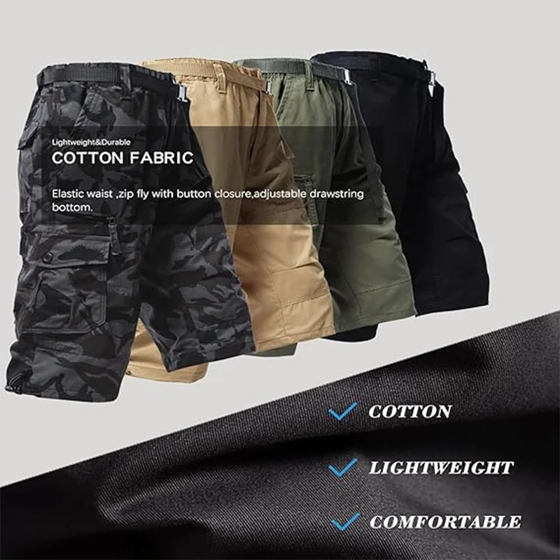 Men's Cargo Shorts 3/4 Relaxed Fit Mens Running Shorts 7 Pockets Elastic Waist Cotton Hiking Shorts