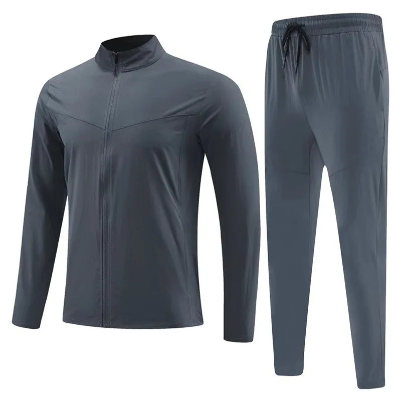 Men's Nylon Sports Training Suit Quick-Dry Long Pants and Long-Sleeve Stand Collar for Spring Running Fitness
