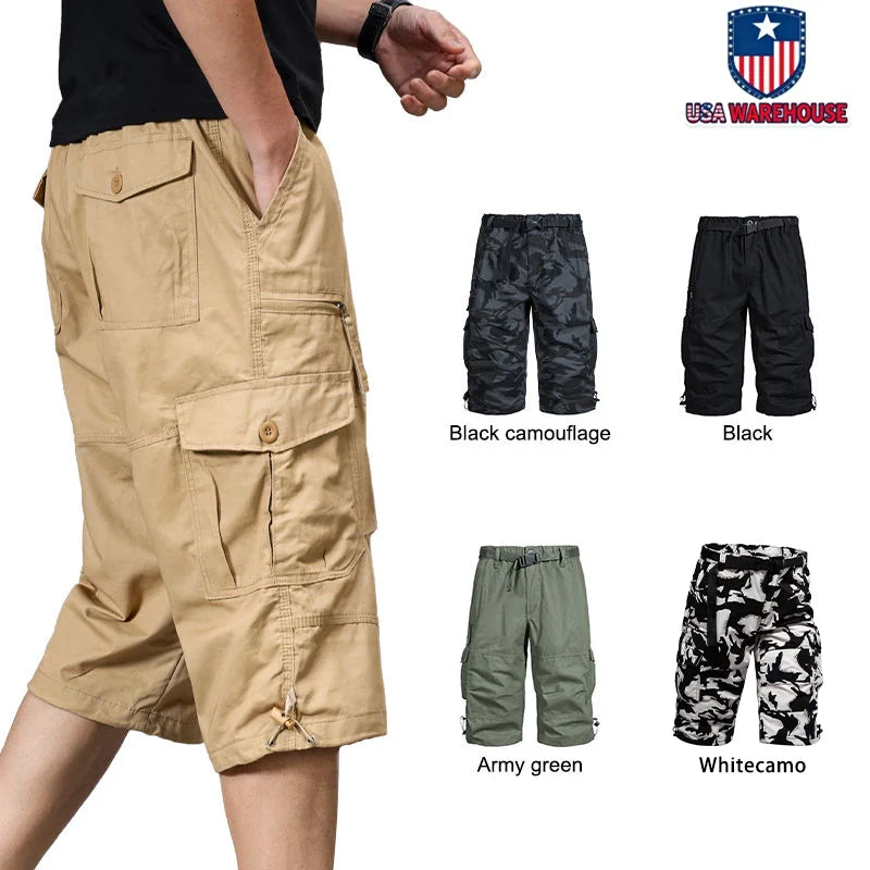Men's Cargo Shorts 3/4 Relaxed Fit Mens Running Shorts 7 Pockets Elastic Waist Cotton Hiking Shorts