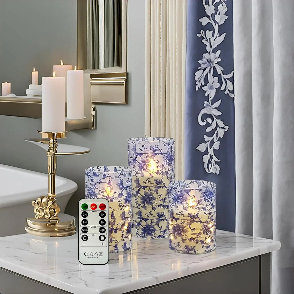 Home Decor Set Blue White Floral Flickering Flameless LED Candles Recessed String Light 3D Wick Acrylic LED Candles