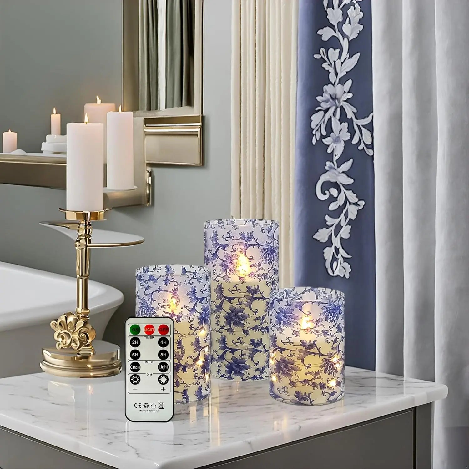 Home Decor Set Blue White Floral Flickering Flameless LED Candles Recessed String Light 3D Wick Acrylic LED Candles