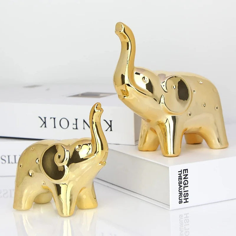 Ceramic Crafts Modern Style Figurines for Home Decor a Pair of Plated Golden Elephant Statue