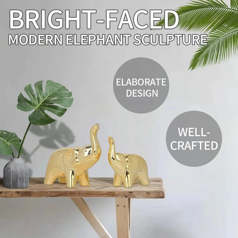 Ceramic Crafts Modern Style Figurines for Home Decor a Pair of Plated Golden Elephant Statue