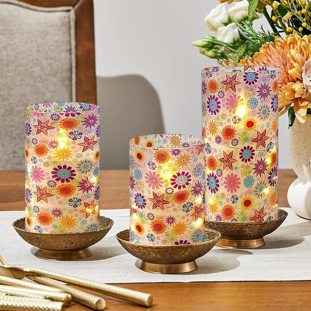 Bohemia Home Decor Set 3 Sunflower-Themed LED Pillar Candles Remote Timer Flameless Flickering 3D Wick Acrylic Recessed