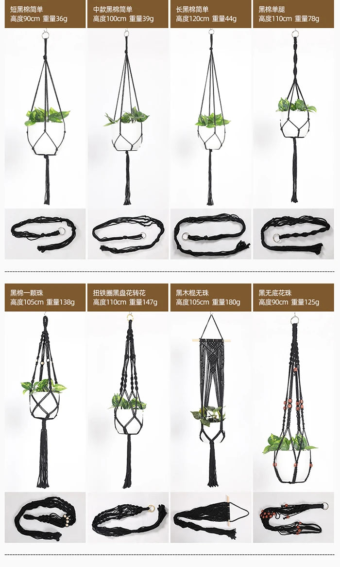 Hot Sale Boho Black Macrame Plant Hanger Hanging Basket with Wood Beads and Tassels for Garden Home Decor