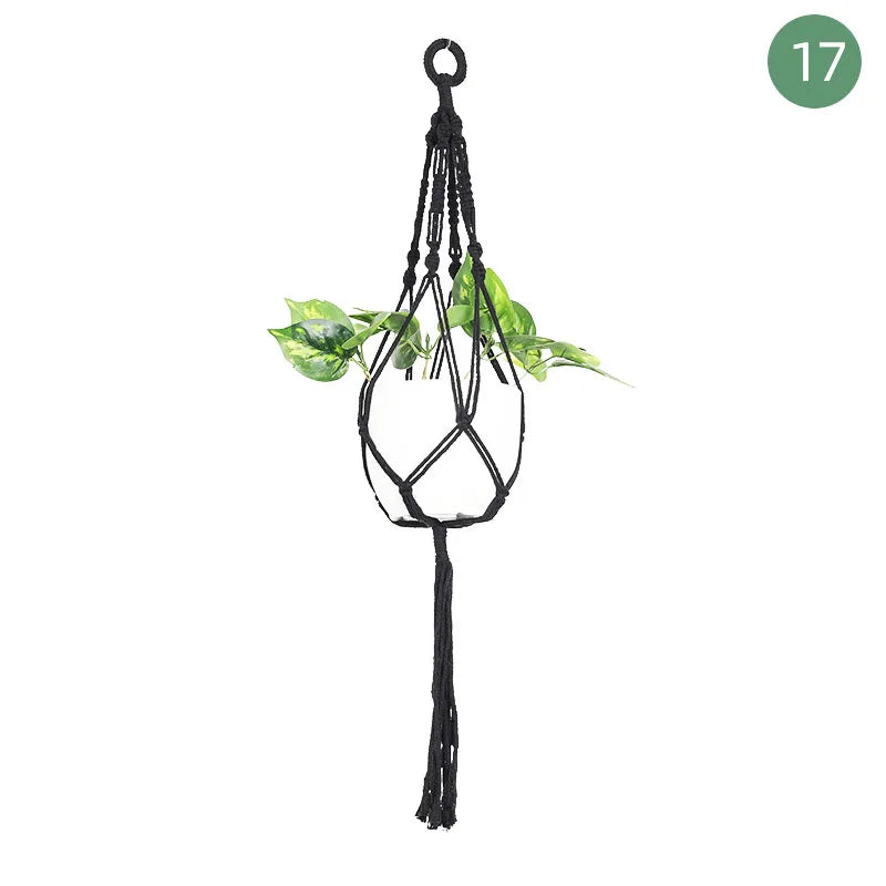 Hot Sale Boho Black Macrame Plant Hanger Hanging Basket with Wood Beads and Tassels for Garden Home Decor