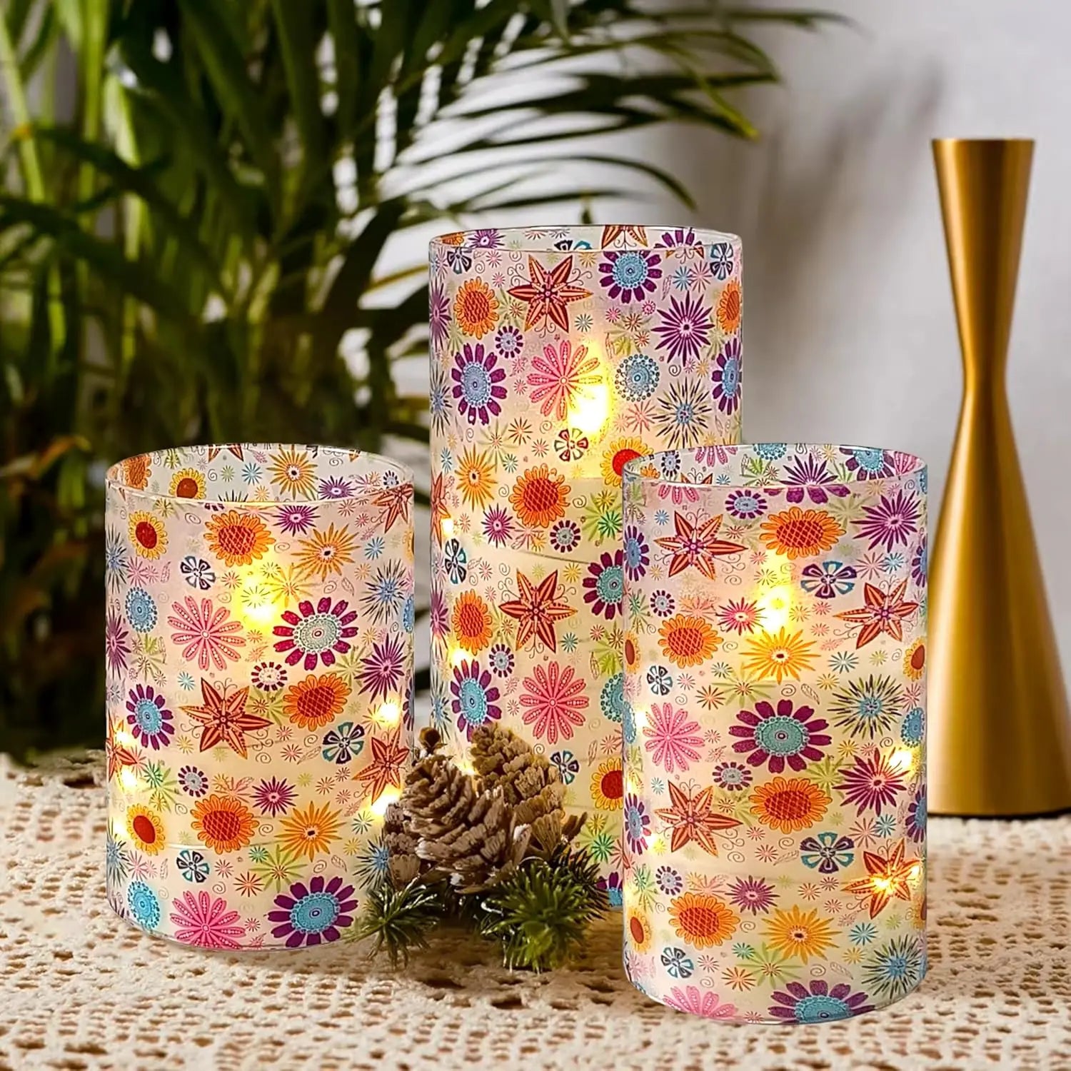 Bohemia Home Decor Set 3 Sunflower-Themed LED Pillar Candles Remote Timer Flameless Flickering 3D Wick Acrylic Recessed