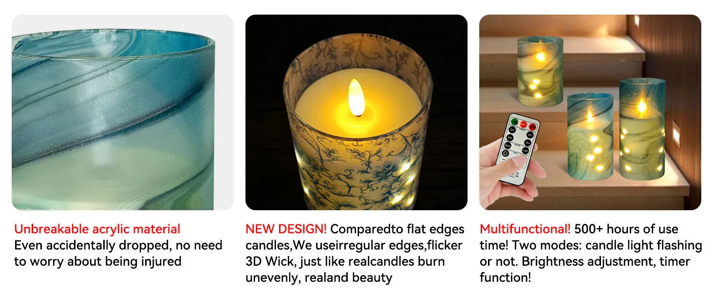 Home Decor Set Blue White Floral Flickering Flameless LED Candles Recessed String Light 3D Wick Acrylic LED Candles