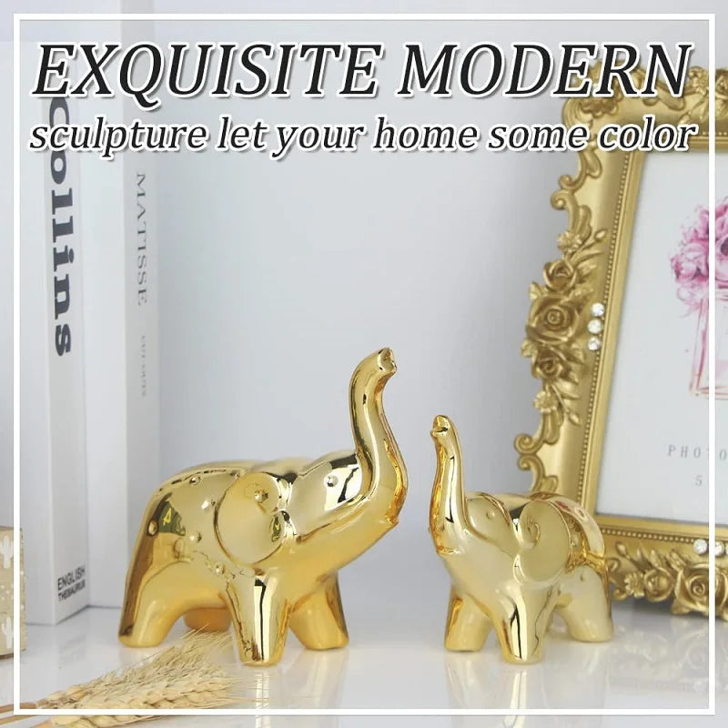 Ceramic Crafts Modern Style Figurines for Home Decor a Pair of Plated Golden Elephant Statue