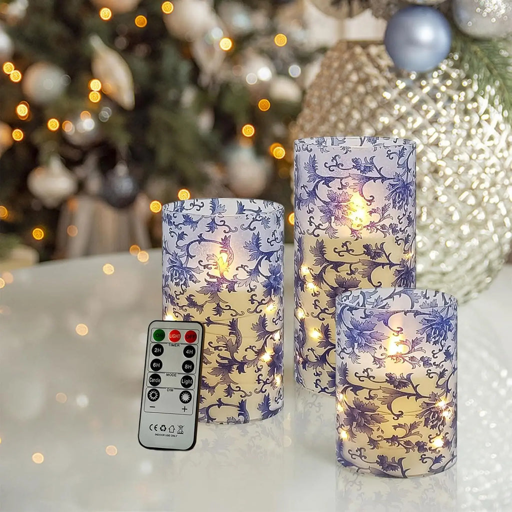 Home Decor Set Blue White Floral Flickering Flameless LED Candles Recessed String Light 3D Wick Acrylic LED Candles
