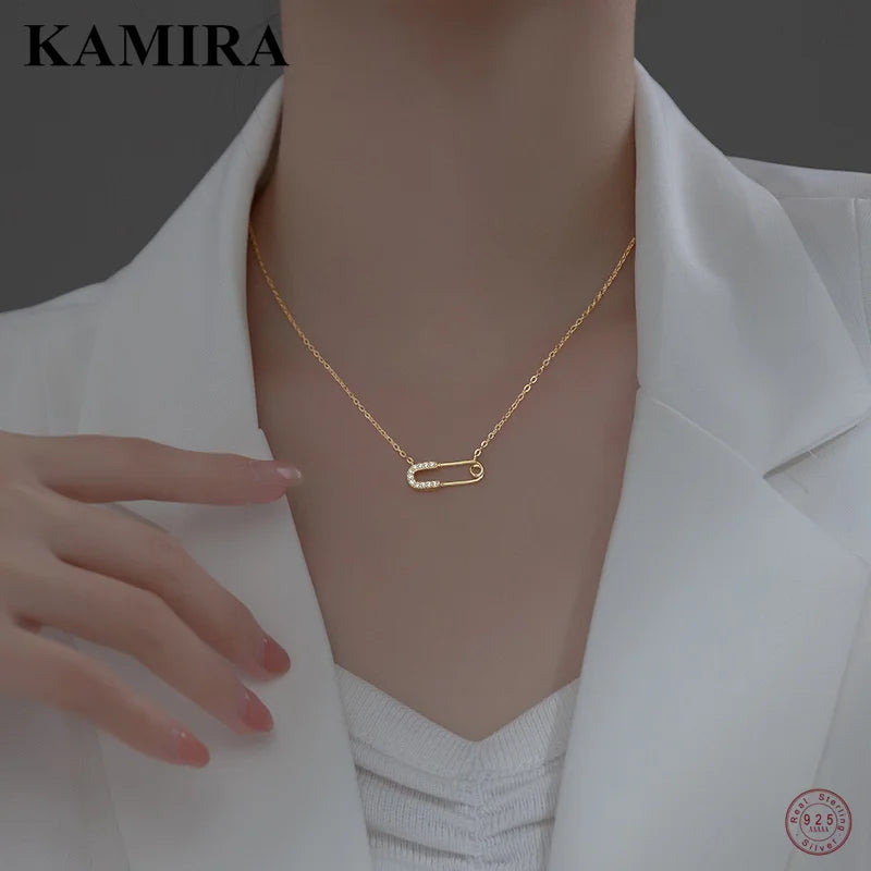 KAMIRA Real 925 Sterling Silver Fashion Luxury Pin Clavicle Necklace for Women Wedding Simple Elegant 18k Gold Fine Jewelry Gift