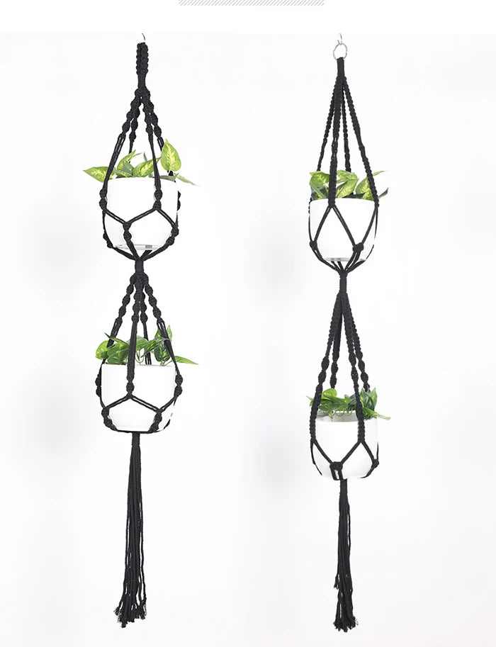 Hot Sale Boho Black Macrame Plant Hanger Hanging Basket with Wood Beads and Tassels for Garden Home Decor